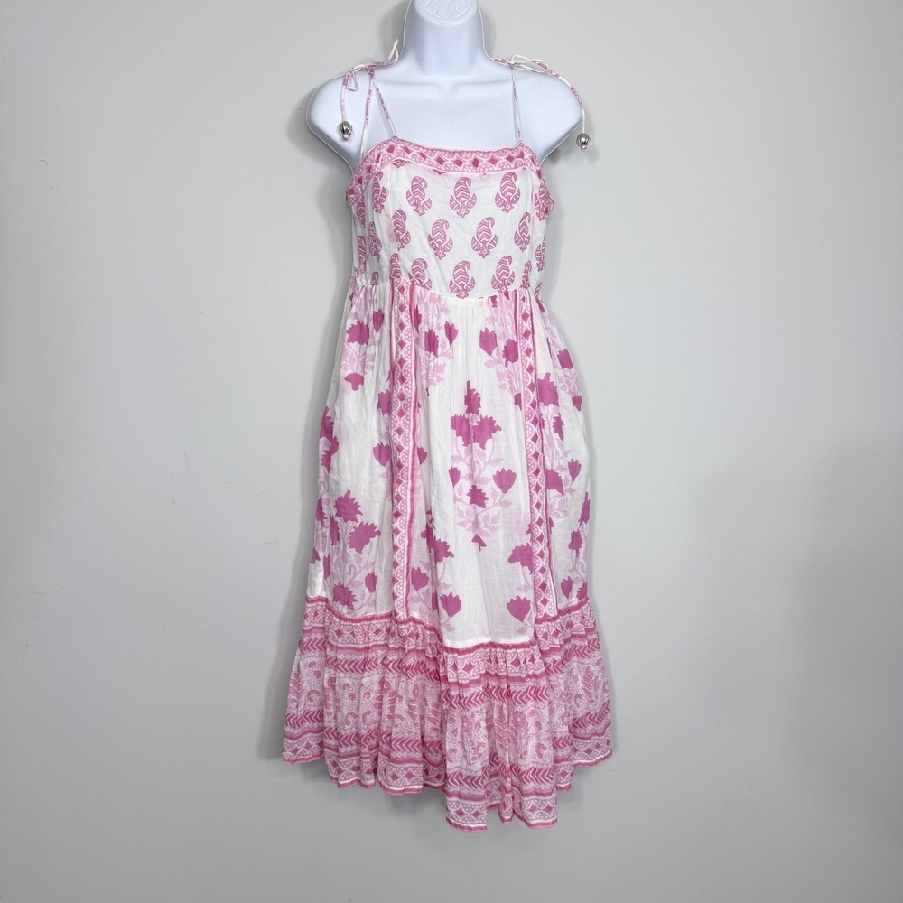 Oliphant Dress Womens Medium Pink Floral Smocked Tie Strap Maxi Sundress Boho